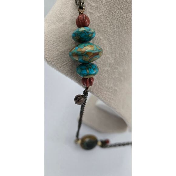 Long Boho Necklace with Various Beads Including Faux Turquoise and Faux Amber - Picture 10 of 15